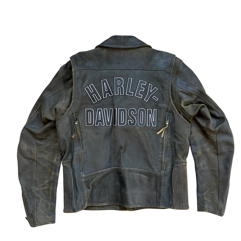 Harley Davidson Mens Distressed Leather Motorcycle Jacket Black Grey Logo Large